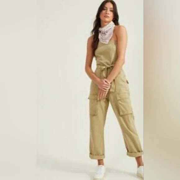 Altar'd State Kensley Strapless Cargo Women's Tan Jumpsuit Size Large - Picture 1 of 8